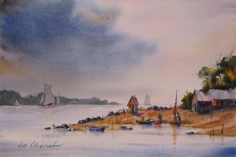 landscape seascape beach boat sailboat storm sea original watercolor painting oberst